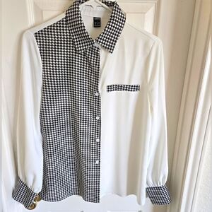 Shein Houndstooth‎ Long Sleeve Button Up Top Women's XS Black/White
